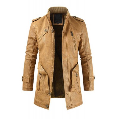 MENS MID-LENGTH CASUAL STAND-COLLAR SLIM LEATHER JACKET