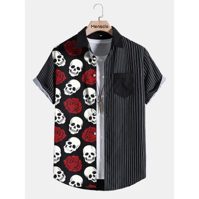 Mens Rose Skull Print Pinstripe Patchwork Short Sleeve Shirts