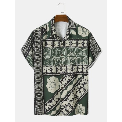 Mens Vintage Floral Geo Print Camp Collar Loose Short Sleeve Shirts